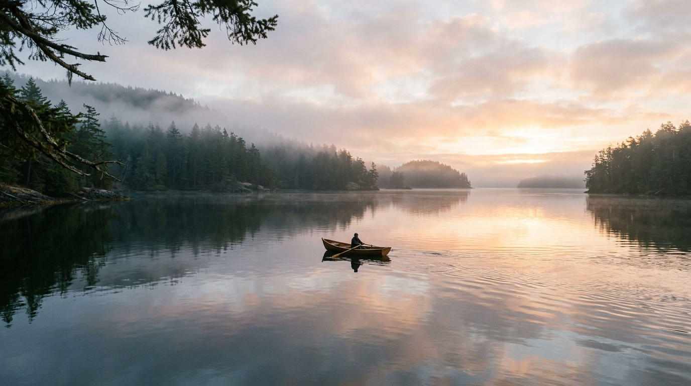 A peaceful misty morning over water