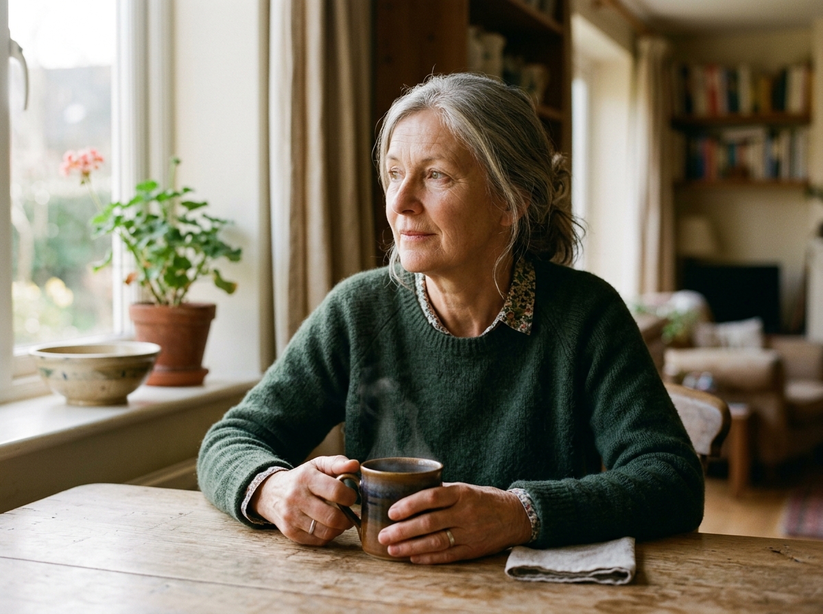 A quiet indoor scene with warm light, representing reflection