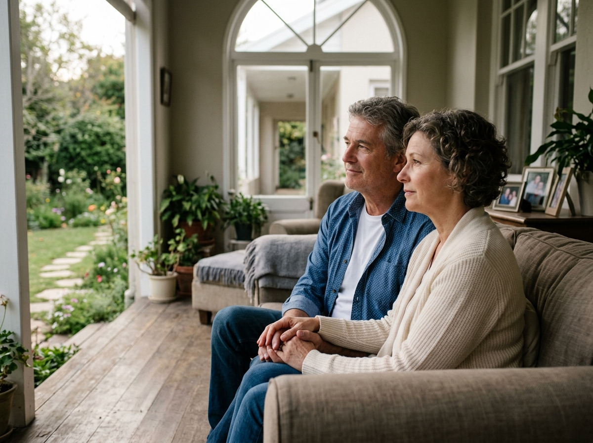 A couple quietly reflecting on their porch together during the empty nest transition