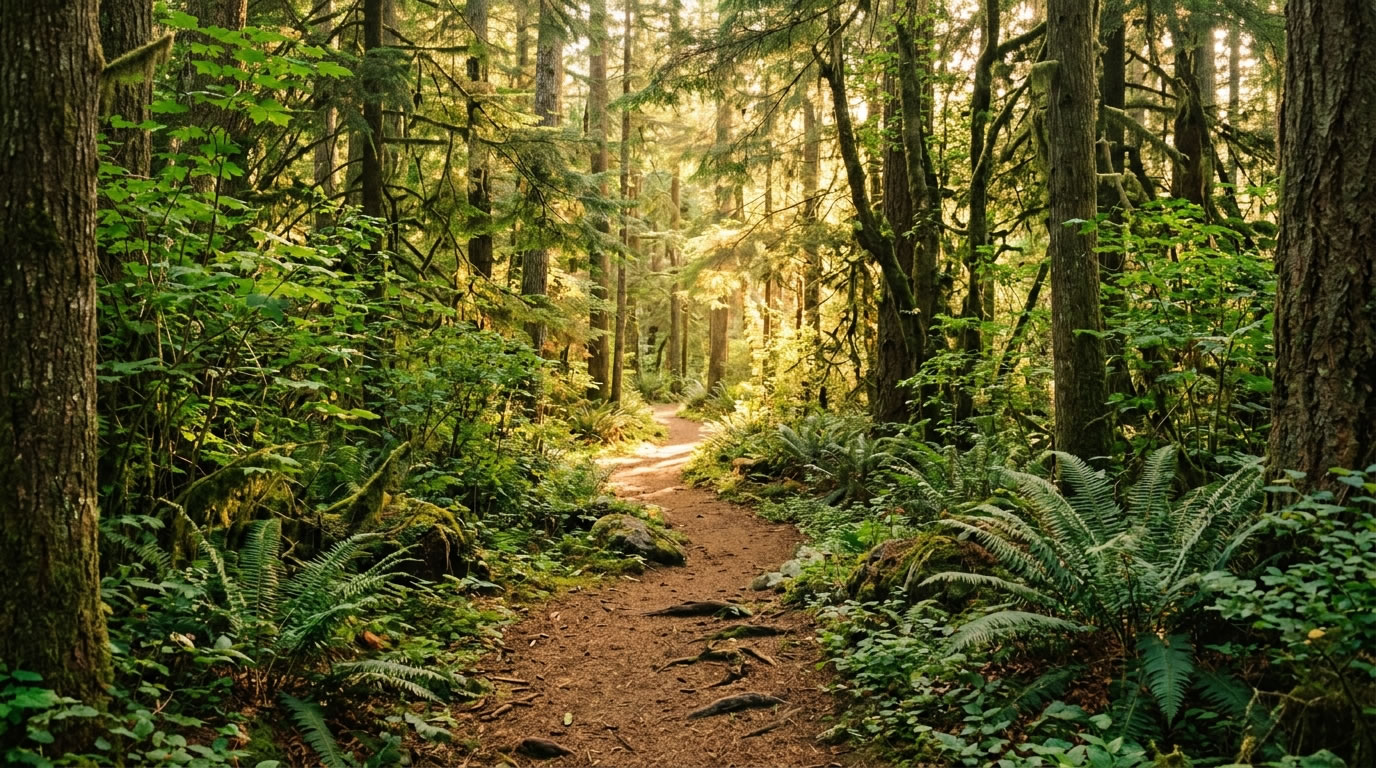Sunlight breaking through trees on a forest path