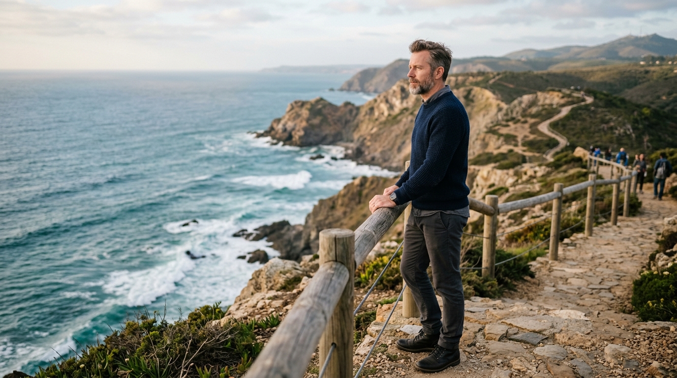 A person looking out over a stormy but clearing coastal landscape