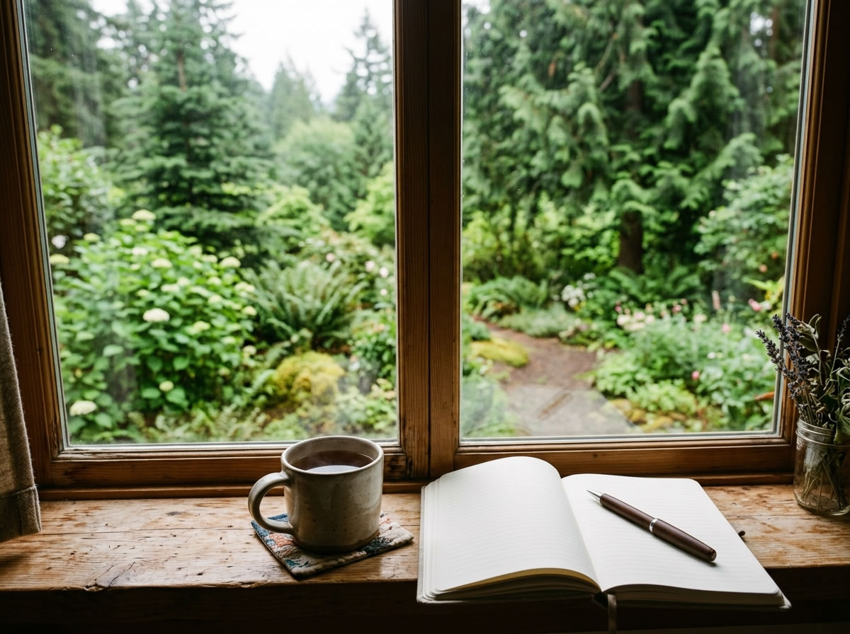 Journal and tea on a windowsill overlooking a green garden