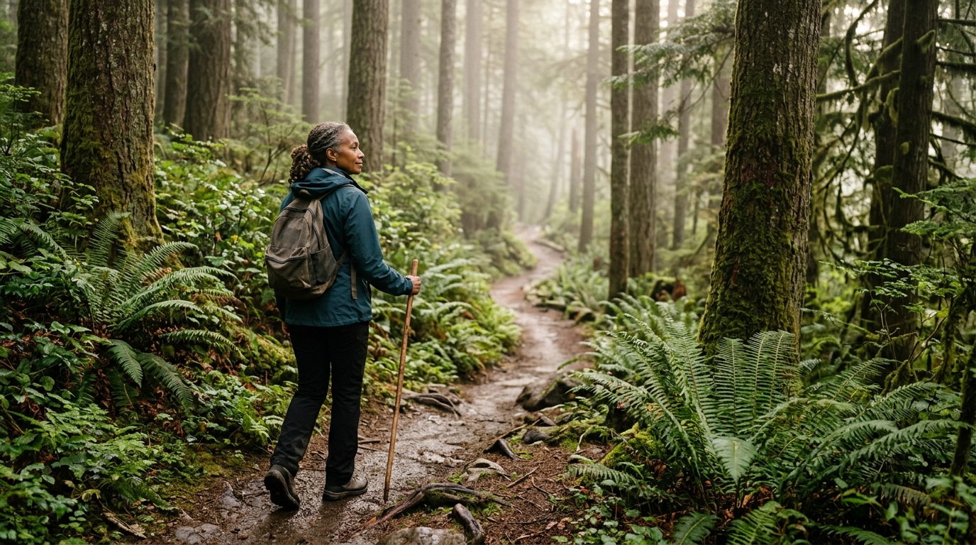 A woman pausing on an autumn forest path