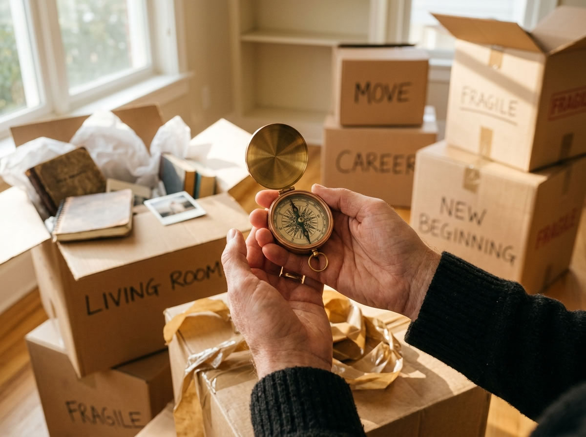 Hands holding a compass amidst packing boxes, symbolizing a major life change