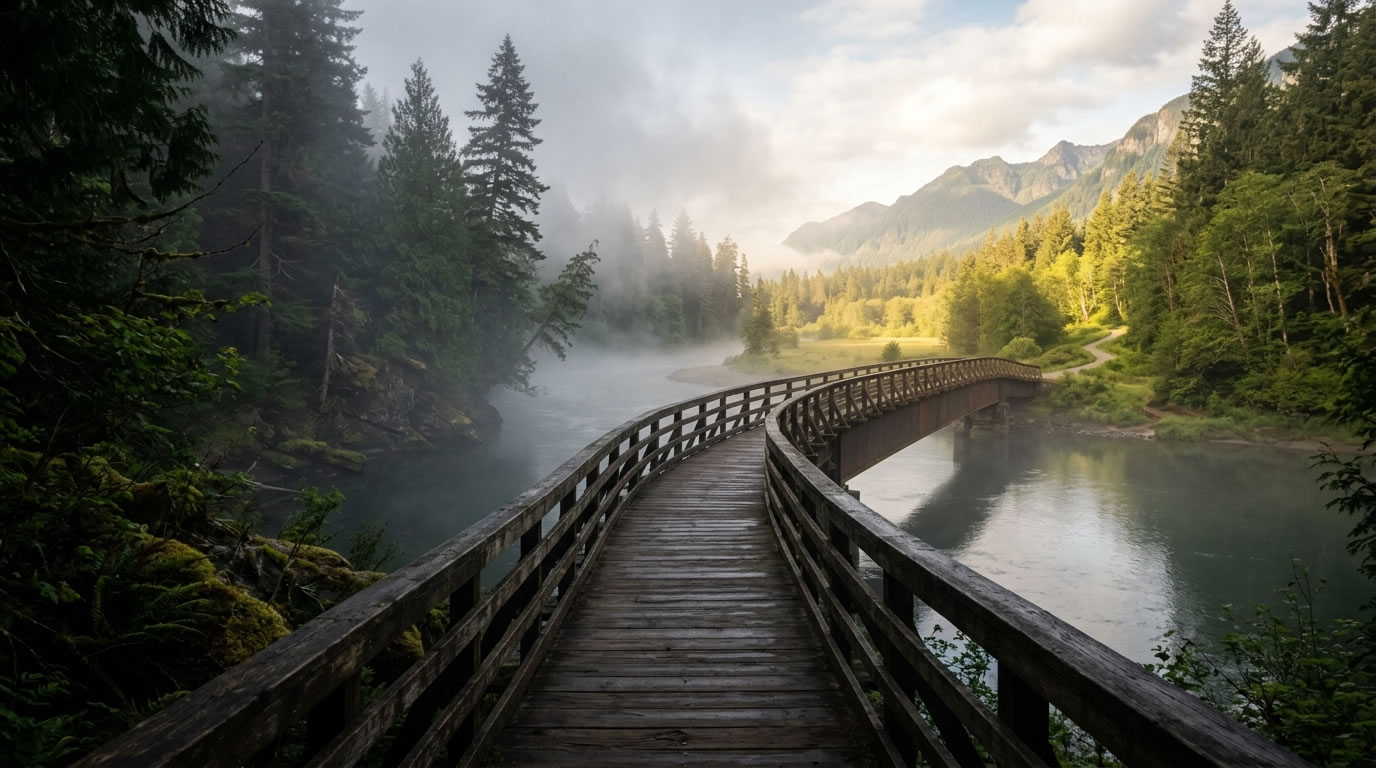 A cinematic view of a bridge crossing a misty river