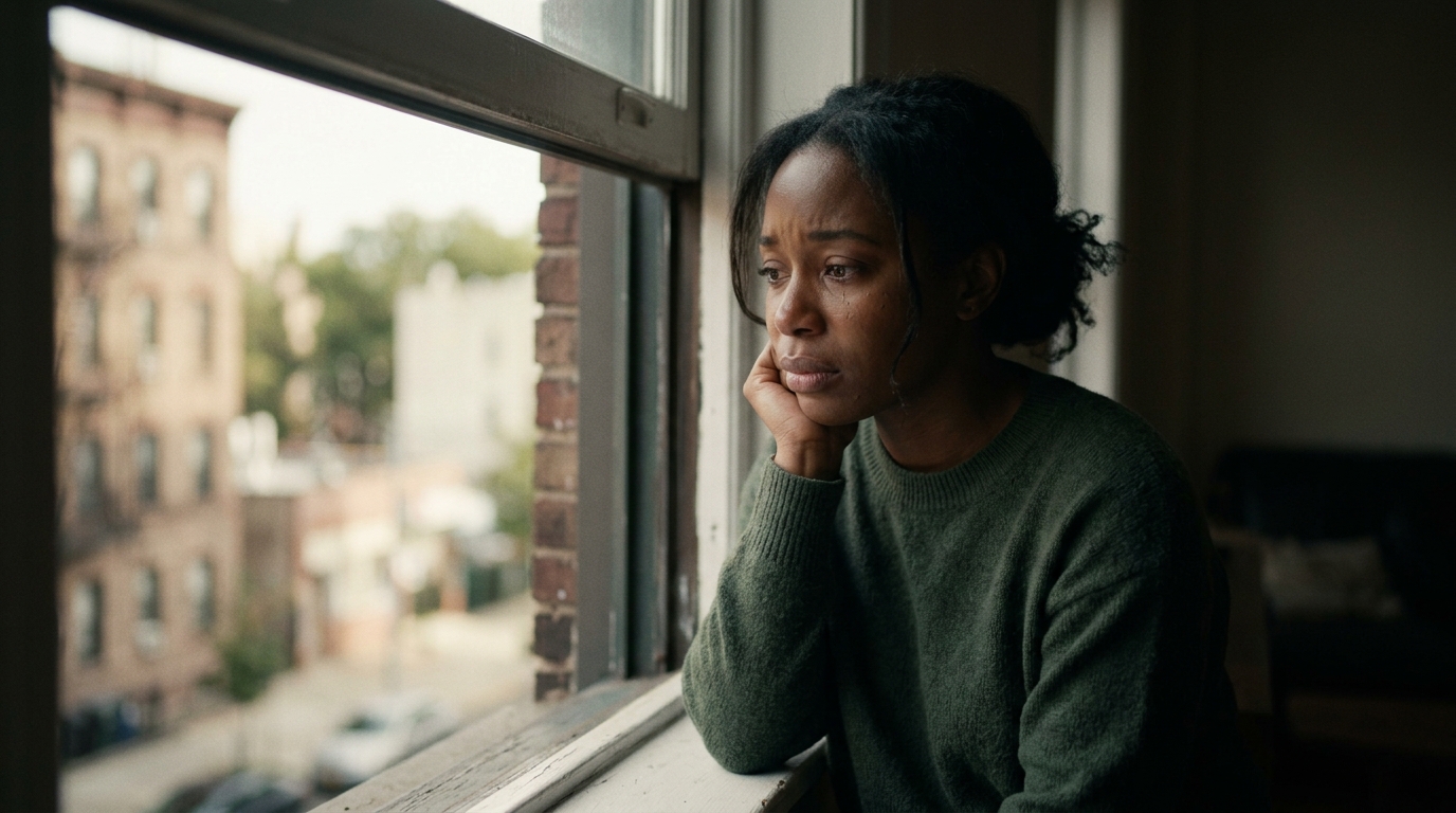 A person looking out an open window in thoughtful contemplation